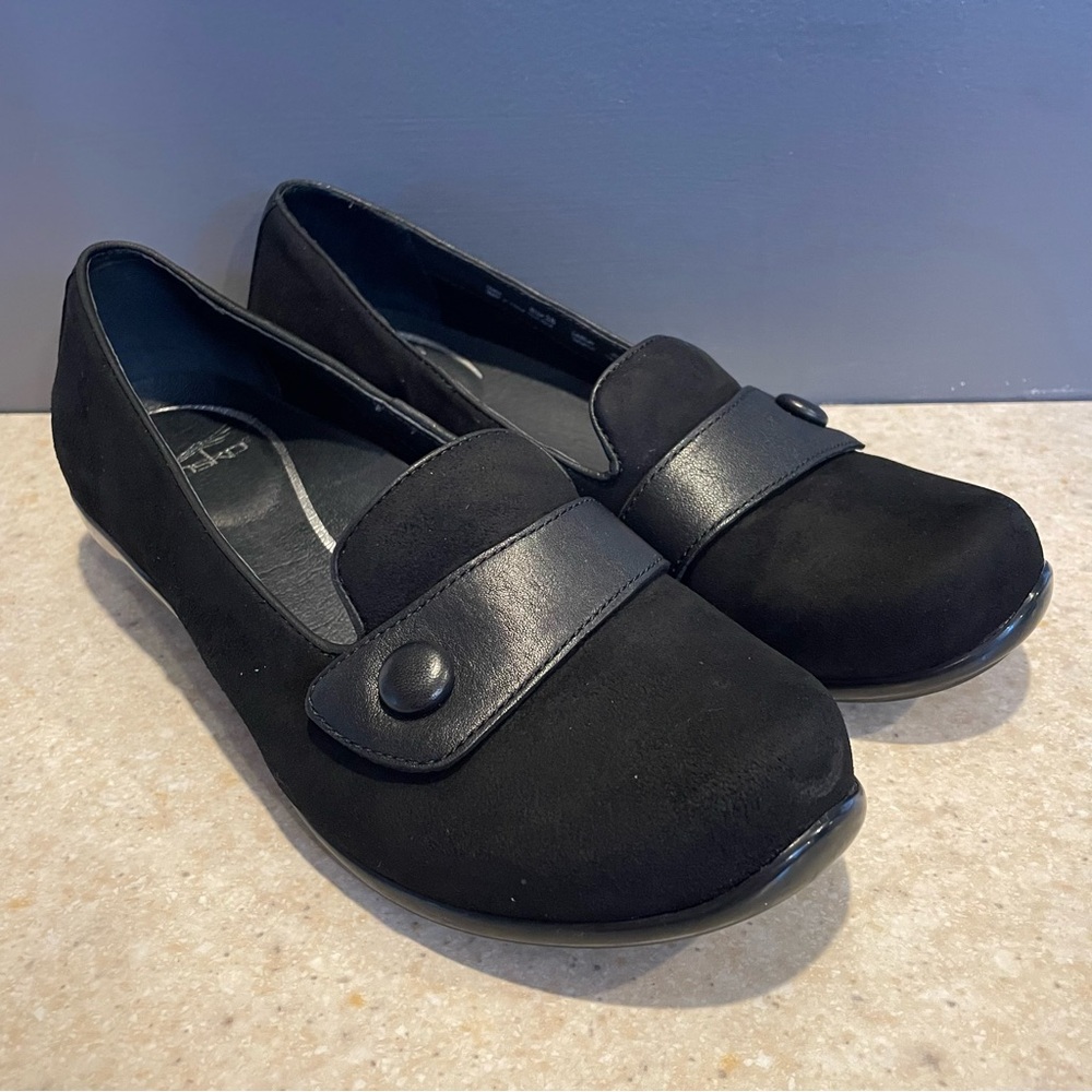 DANSKO Olena Loafer Clog Ballet Flat Shoe Black Suede Leather Comfort Preppy